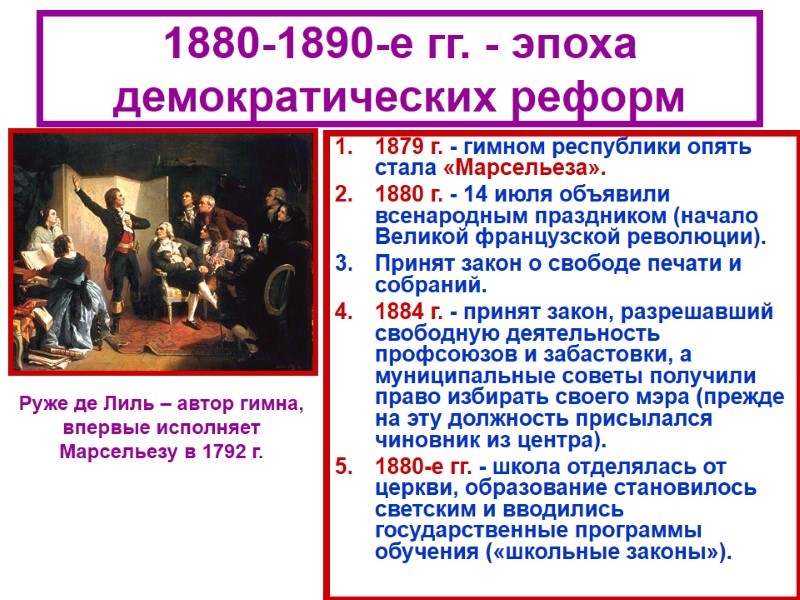 1880-1890-е гг. - эпоха демократических реформ 1879 г. - гимном республики опять стала «Марсельеза».